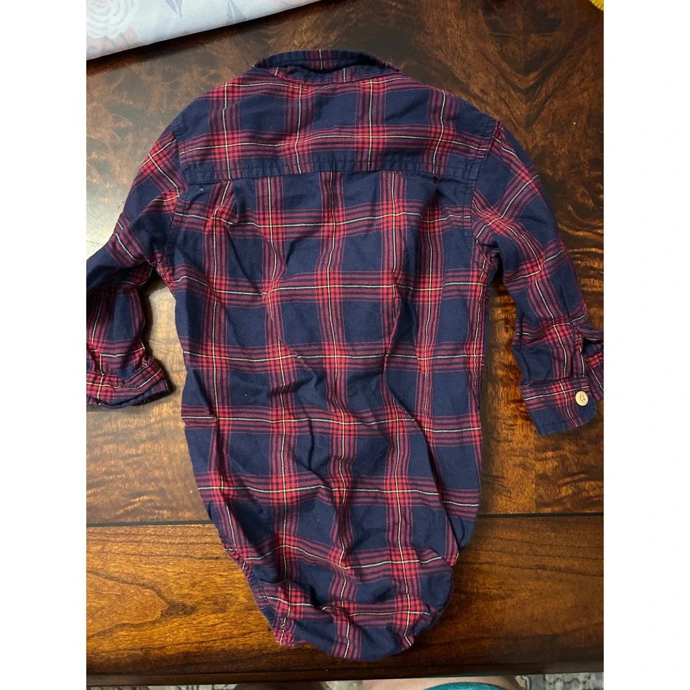 OshKosh Bgosh Baby Boys Navy Red Plaid Flannel Long Sleeve Bodysuit 18 Months